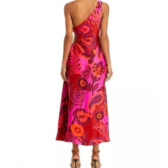 NEW FARM Rio Bold Floral Pink Midi Dress One Shoulder Cut-Out Beaded Ties Size L - Picture 6 of 16